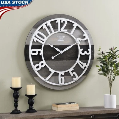 Rustic Wood Wall Clock Farmhouse Planks Design Oversized Decorative Timepiece US - Image 1 of 4