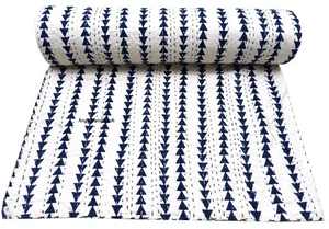 Blue Triangle Block Print Kantha Throw: Reversible Queen Size Bedspread/Coverlet - Picture 1 of 9