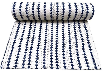 Blue Triangle Block Print Kantha Throw: Reversible Queen Size Bedspread/Coverlet - Image 1 of 4