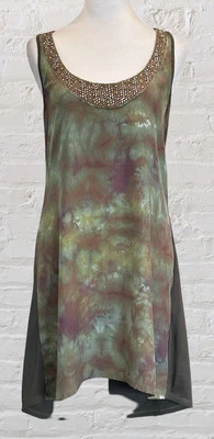 Anthropologie Graham & Spencer Green Brown Silk Mini Dress Sz S Bohemian Hippie - Image 1 of 4