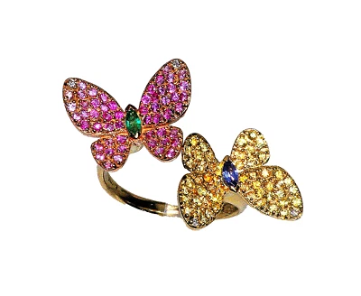 18k, BUTTERFLY RING, BY-PASS DOUBLE, YELLOW & PINK SAPPHIRE WITH TANZANITE BODYS - Image 1 of 4
