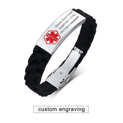 Brazalete pulsera de silicona de emergencia identificación médica hombres personalizado grabado gratuito Foto 1 de 4
