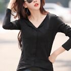 Women Solid V-Neck Pockets Casual T-Shirt Cotton Tops Blouse S-3Xl Spring Autumn
