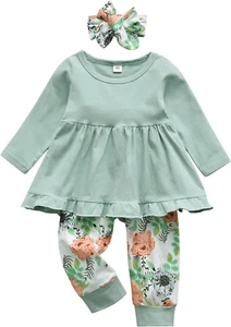 Toddler Baby Girl Clothes Solid Color Long Sleeve Ruffle Tops Pants Headband Out - Picture 1 of 7