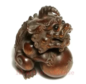 Chinese boxwood hand carved unicorn Pi xiu statue netsuke desk Decoration gift - Picture 1 of 8