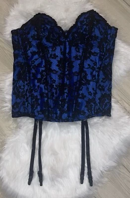 Fredericks of Hollywood Liga de Encaje Burlesco Corsé Cierre Lateral 38 Azul Negro Foto 1 de 4
