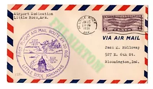 Correo aéreo 1931 primer vuelo Little Rock Arkansas cubierta FDC 5 centavos - Imagen 1 de 2