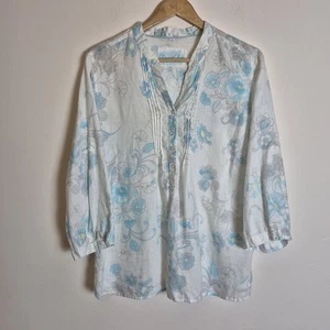 M&S 20 White Blue 100% Linen Top Blouse Roll Up Sleeve - Picture 1 of 13