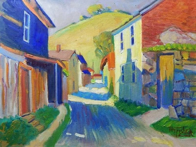 edificio callejón montaña realista impresionismo pintura al óleo paisaje Tom Fisher Foto 1 de 4