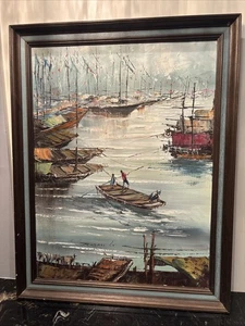 ROBERT LO BARCHE DA PESCA CINESI DIPINTO OLIO SU TELA ORIGINALE  - Foto 1 di 9