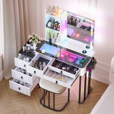 Dressing Table with Charging Station, Makeup Vanity with Glass Top and 6 Drawers - Image 1 of 4