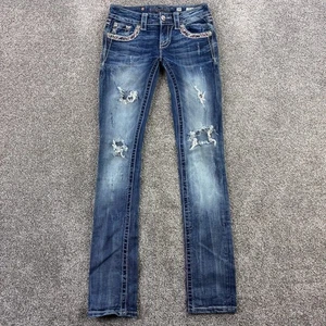 Miss Me Jeans Women's 25 Blue Mid Rise Cuffed Straight Denim Embroidered - Picture 1 of 8