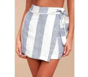 Minifalda envolvente Free People 100 % lino Uptown Days talla 6 azul blanco rayas - Imagen 1 de 11