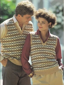 Fair Isle Vests Ladies men knitting pattern copy 4 ply v-neck - Picture 1 of 2