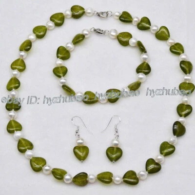 Pulsera de perlas blancas gemas de corazón de peridoto verde natural de 12 mm 18" Foto 1 de 4