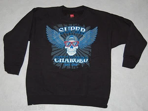 Boys SWEATSHIRT Hanes BLACK Skulls Wings SUPER CHARGED BIKE SHOP 2X 18 - Picture 1 of 1