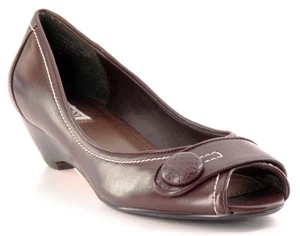 New ALFANI Women Brn Leather Low Wedge Kitten Heel Peep Toe Loafer Shoe Sz 6.5 M - Picture 1 of 2