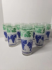 Vintage Hazel Atlas Highball Glasses - Purple Grapes and Green Leaves - Set of 8 - Picture 1 of 6