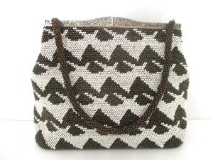 VINTAGE SILVER METAL FRAME GEOMETRIC BEADED BODY with STRAP PURSE HANDBAG - Picture 1 of 14