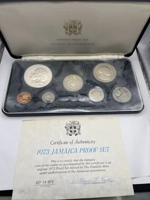 1973 JAMAICA PROOF SET 7 COIN FRANKLIN MINT Proof Set COA ORIG CASE - Image 1 of 4