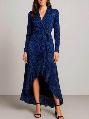 Vestido envolvente WHBM para mujer 8 seda Burnout azul negro geo cebra maxi alto-bajo boho glamour Foto 1 de 4