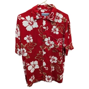 Vintage Merana Mens Red Floral Hibiscus Button Down Hawaiian Shirt Large L - Picture 1 of 4
