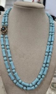 Vintage Unique Blue Glass Bead Necklace Flower Shape Closure Double Strand 20” - Picture 1 of 7
