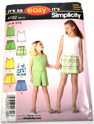 VTG Simplicity 4152 Girls Top Shorts Tank Sewing Pattern Size 3 to 12 Uncut - Image 1 of 4