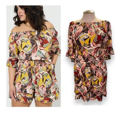 Mameluco Torrid Plus Talla 5 (5X) Artístico Abstracto Floral Una Pieza Fuera del Hombro Foto 1 de 3