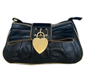 Betsy Johnson Y2K Zip Bow Lock In Love Leather Clutch(Black) - Picture 1 of 9