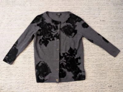 Cárdigan para mujer Talbot's Y2K 100 % lana merino carbón con estampado floral negro Foto 1 de 4