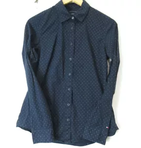 Tommy Hilfiger Women's Shirt Size Small Petite Polka Dot Stretch Navy Button-Up - Picture 1 of 24