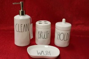 RAE DUNN by MAGENTA WASH BRUSH HOLD CLEAN BATHROOM ACCESSORY SET-CREAM/BLACK-4PC - Picture 1 of 1