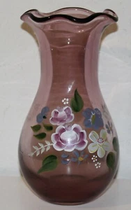 Fenton Glass 8" Ruffled Amethyst Purple Vase with Hand Painted Flowers - Picture 1 of 5