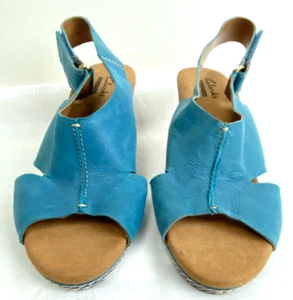 Clarks Collection Helio Float Cork Wedge Sandal Size 7 Blue Suede #16724 Nice! - Picture 1 of 11