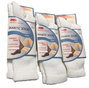 3 Pair MD White Comfort Seam Diabetic Crew Socks Unisex White 11 Size 9-11 - Picture 1 of 5