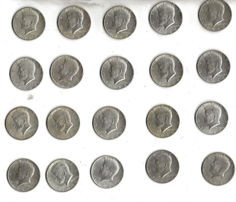 One roll of twenty (20) 1969 d circulated 40% silver Kennedy half dollars Cover