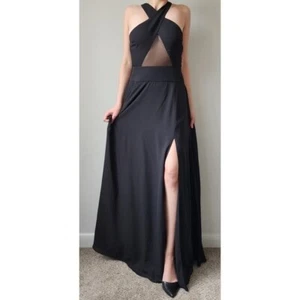 Fame and Partners Black Maxi Evening Gown 6 Crossover Mesh - Picture 1 of 15