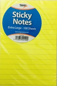 Blocco note adesive a righe Tiger extra large 100 x 150 mm -100 fogli giallo fluo - Foto 1 di 1