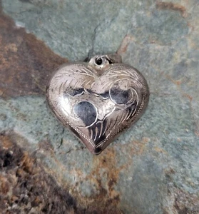 Vintage Puffy Hohl Herz Anhänger 925 Sterling Silber Gravur Floral - Bild 1 von 7