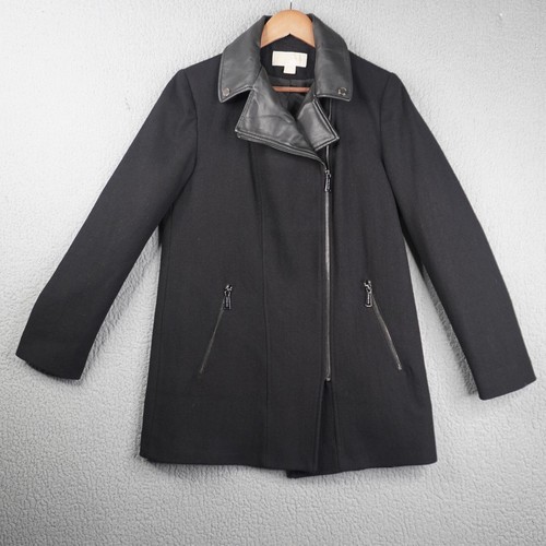 Giacca Michael Kors Medio Nero Cappotto Moto Lana Finta Pelle Finitura Cerniera Intera
