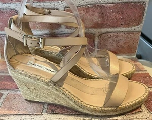 SAKS FIFTH AVENUE BEIGE/NUDE NAHLA ESPADRILLE WEDGE OPEN TOE SANDALS 8.5M - Picture 1 of 7