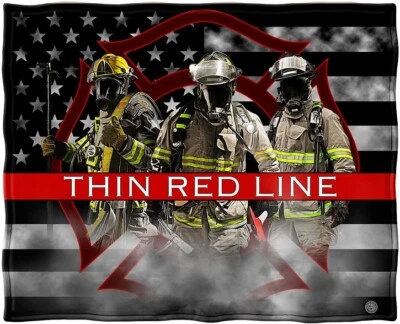 New Fireman Shield Thin Red Line Plush Fleece Throw Gift Blanket USA US Flag NIP - Image 1 of 4