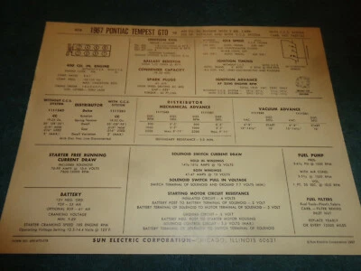 1967 PONTIAC / TEMPEST / GTO 400 V-8 ENGINE SUN TUNE-UP CHART / 2BBL CARB 255HP - Image 1 of 2