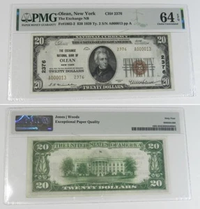 Olean NY $20 1929 Ty. 2 Exchange National Bank Ch. # 2376 PMG 64 EPQ, A000013 - Picture 1 of 1