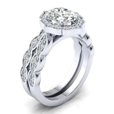 1.67Ct White Oval Cut CZ Engagement Wedding Solid 14K White Gold Ring Set - Image 1 of 2