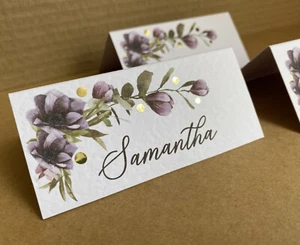 6x name PLACE CARDS dusty purple mauve anemone flowers windflowers wedding table - Picture 1 of 9