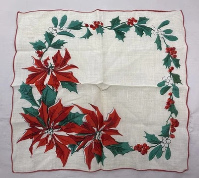 Vintage Weihnachten Taschentuch - Weihnachtsstern Blumen, Stechpalme, Mistelzweig - Bild 1 von 3