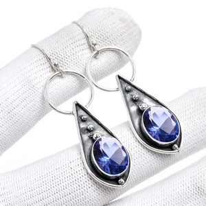 Iolite Quartz Gemstone Handmade 925 Sterling Silver Jewelry Earrings - Picture 1 of 4