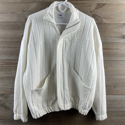 Sudadera Chaqueta Zara Mujer Cremallera Completa Bolsillos Texturizada Marfil Talla Mediana Grande Foto 1 de 4